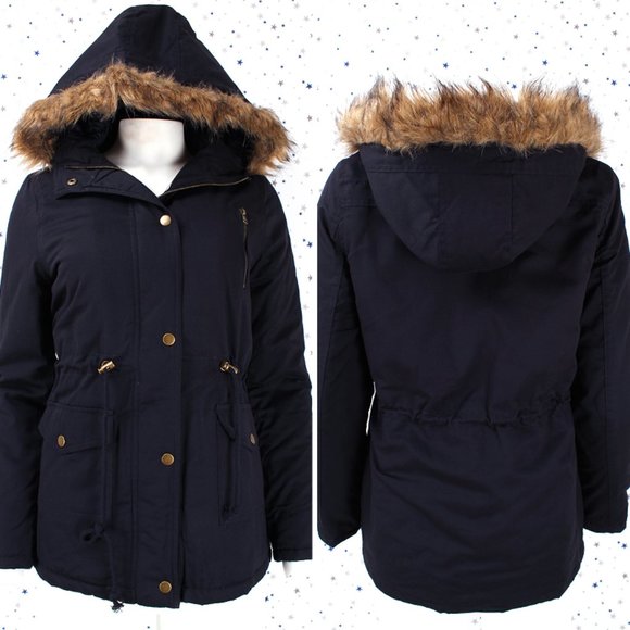 Navy Faux Fur Hooded Utility Parka Jacket - Picture 1 of 7